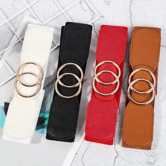 2/$30 Belt Classic Faux Leather Camel Tan Interlocking Circles Circular Metal - Picture 4 of 5